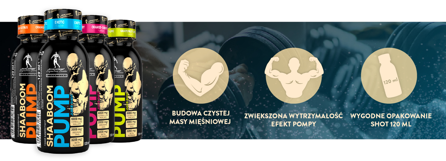 Przedtreningówka kevin levrone shaboom juice pump cechy: budowa czystej masy mięśniowej, zwiększona wytrzymałość efekt pompy, wygodne opakowanie shot 120 ml